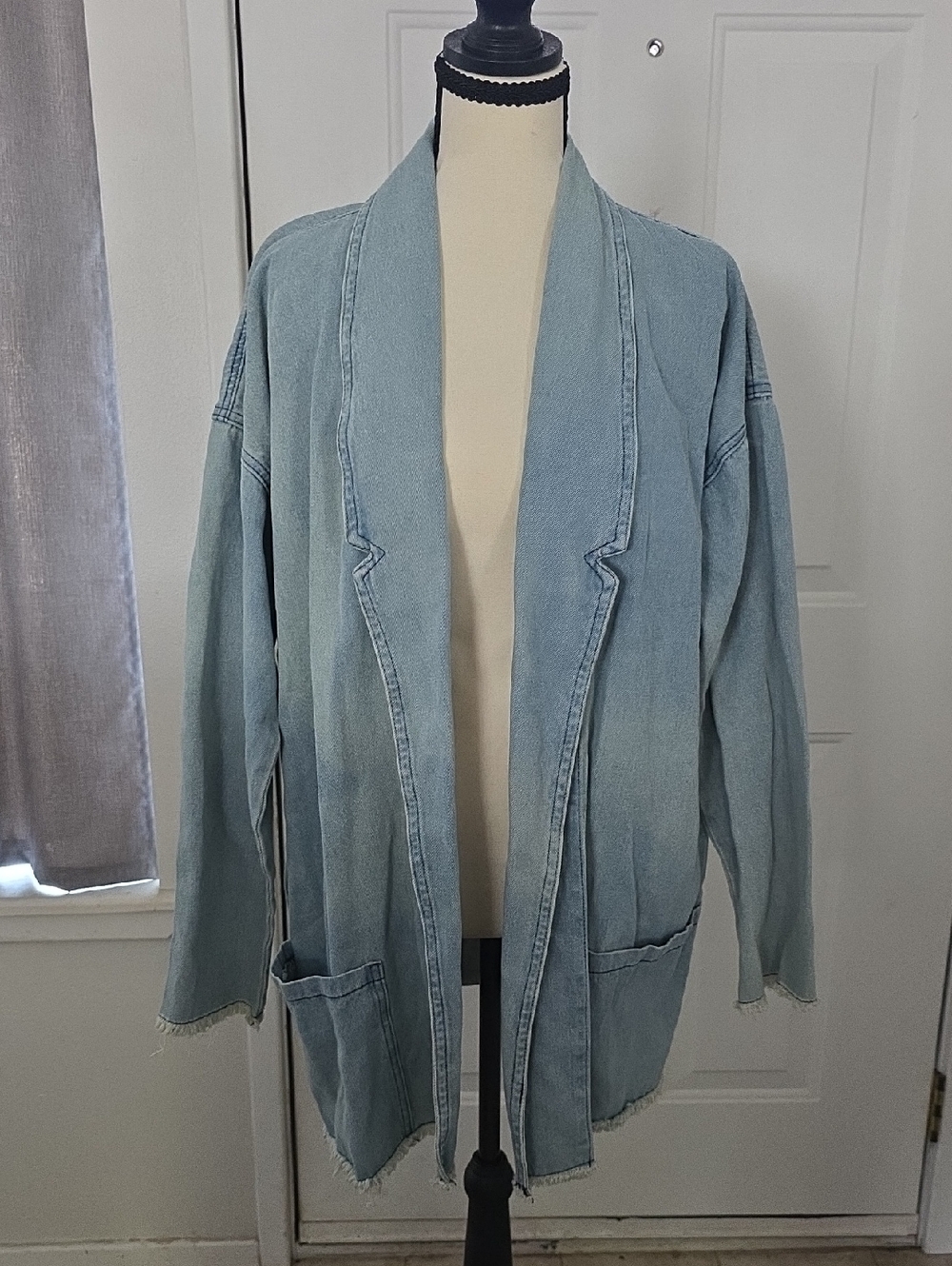 NWT POL Light Blue Open-Front Denim Blazer with Patch Pockets Size Medium